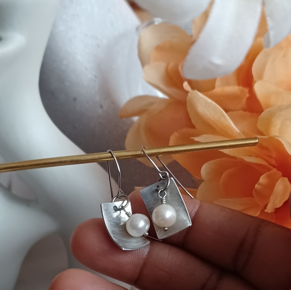 Geometric Earrings with Dangling Pearl - Picture 9 of 14